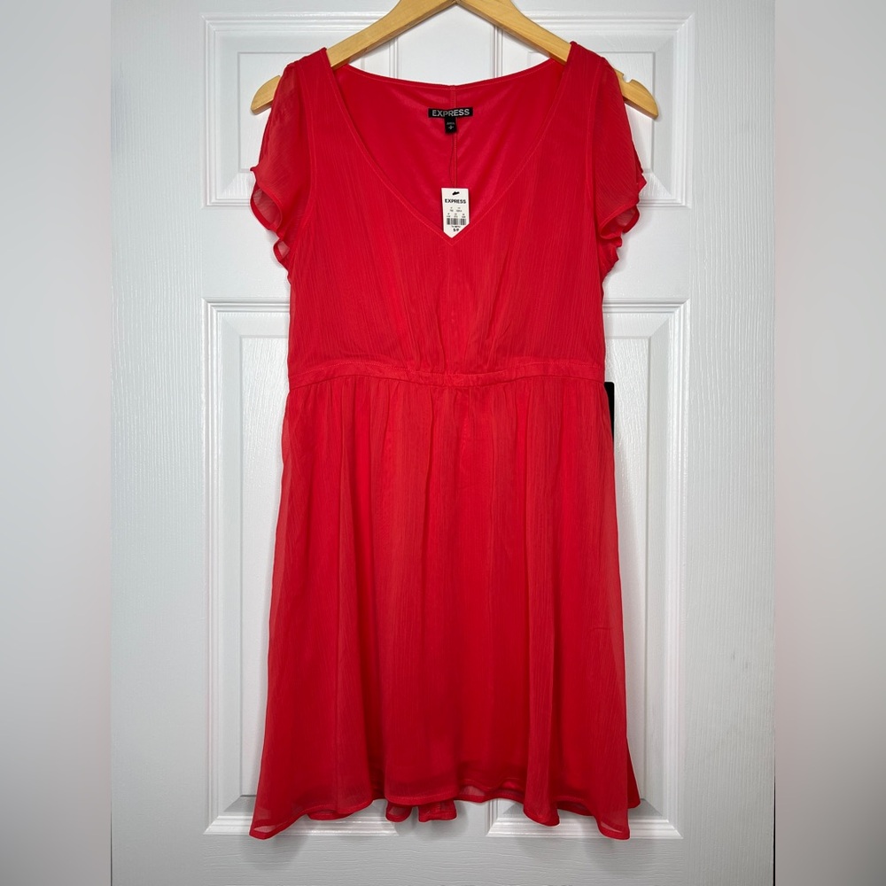 Express Coral Red Chiffon V-Neck Fit & Flare Dress NWT Size S